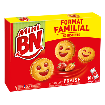 Gâteaux fourrés saveur fraise Mini BN, pochons x10, format familial 350g
