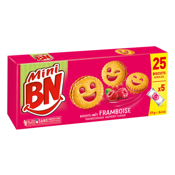 Mini biscuits fourrés framboise BN, x5 soit 175g