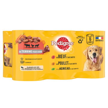 Boîtes chien en terrine au boeuf, au poulet et à l'agneau PEDIGREE - 6x400g