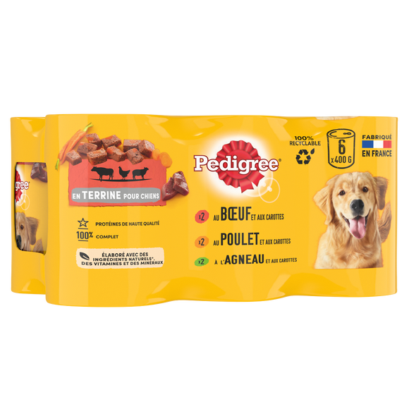 Boîtes chien en terrine au boeuf, au poulet et à l'agneau PEDIGREE - 6x400g
