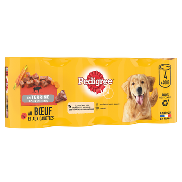 Boîtes chien en terrine au boeuf et aux carottes PEDIGREE - 4x400g