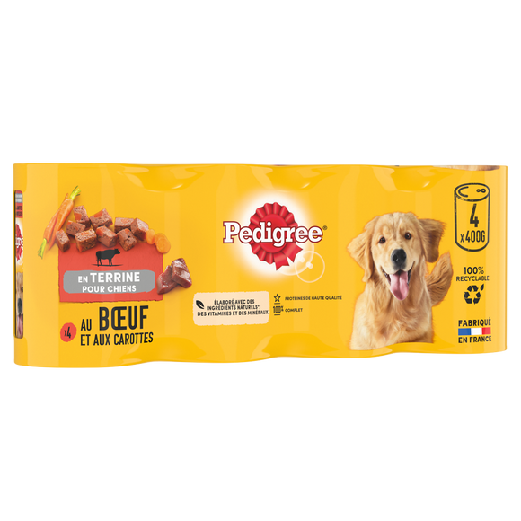 Boîtes chien en terrine au boeuf et aux carottes PEDIGREE - 4x400g