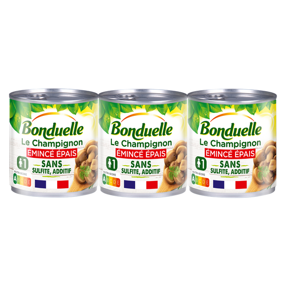 Champignons de Paris émincés gourmands sans sulfite BONDUELLE - 3 boîtes de 115g