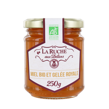 Miel et gelée royale bio LA RUCHE AUX DELICES, pot en verre de 250g