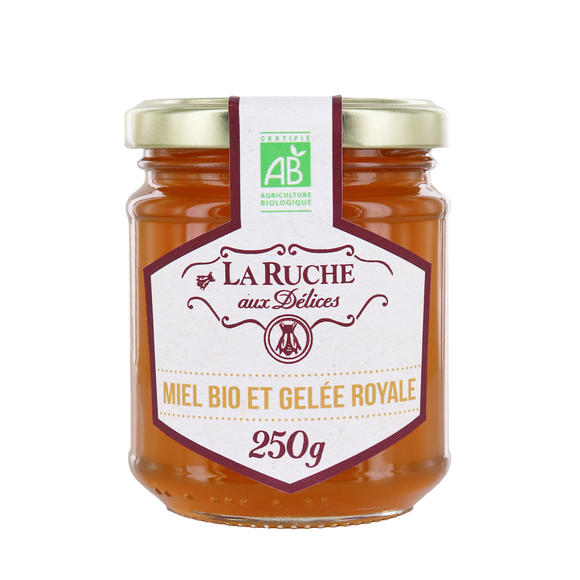 Miel et gelée royale bio LA RUCHE AUX DELICES, pot en verre de 250g