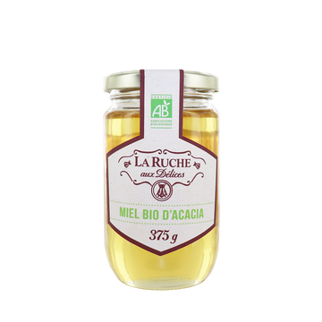 Miel d'acacia biologique LA RUCHE AUX DELICES, pot en verre de 375g