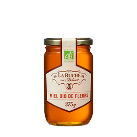 Miel de fleurs liquide biologique LA RUCHE AUX DELICES, pot en verre de 375g