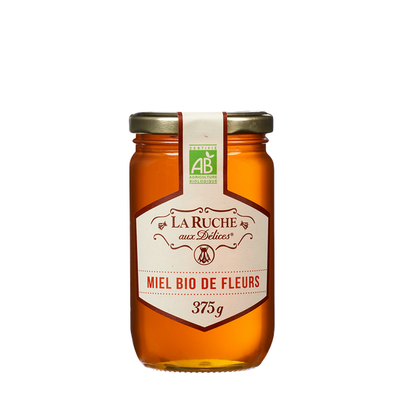 Miel de fleurs liquide biologique LA RUCHE AUX DELICES, pot en verre de 375g