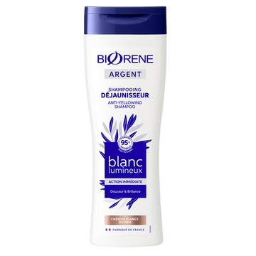 Shampooing cheveux blanc et gris déjaunisseur blanc éclatant argent BIORENE, flacon 250ml