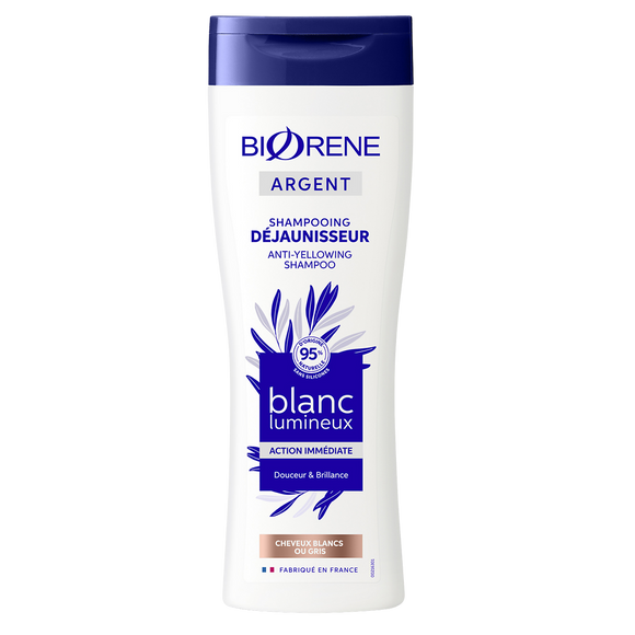 Shampooing cheveux blanc et gris déjaunisseur blanc éclatant argent BIORENE, flacon 250ml