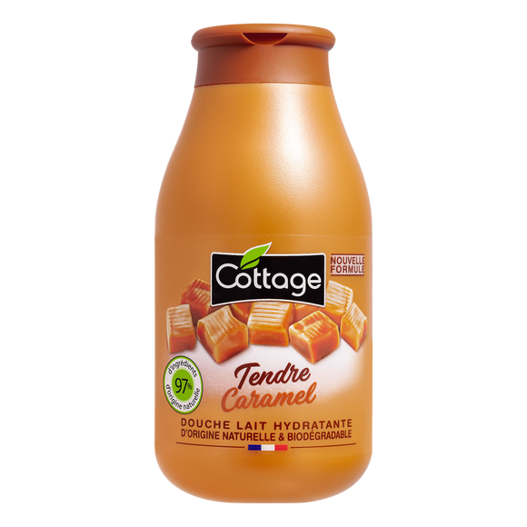 Douche lait hydratante caramel 97% d'ingrédients naturel COTTAGE, flacon de 250ml