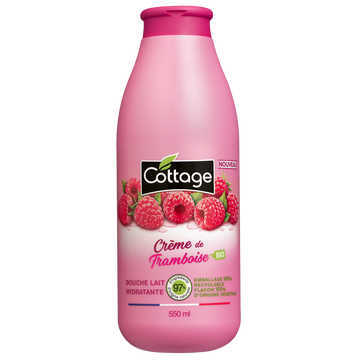 Douche lait hydratante crème de framboise bio COTTAGE flacon 550ml97% ingrédients naturels flacon 100% végétal
