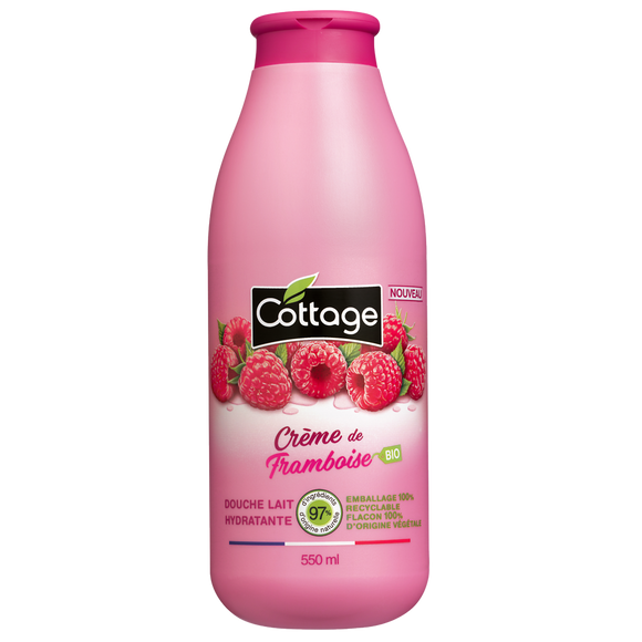 Douche lait hydratante crème de framboise bio COTTAGE flacon 550ml97% ingrédients naturels flacon 100% végétal