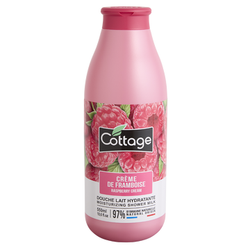 Douche lait hydratante crème de framboise bio COTTAGE flacon 550ml 97%ingrédients naturels flacon 100% végétal