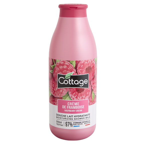 Douche lait hydratante crème de framboise bio COTTAGE flacon 550ml 97%ingrédients naturels flacon 100% végétal