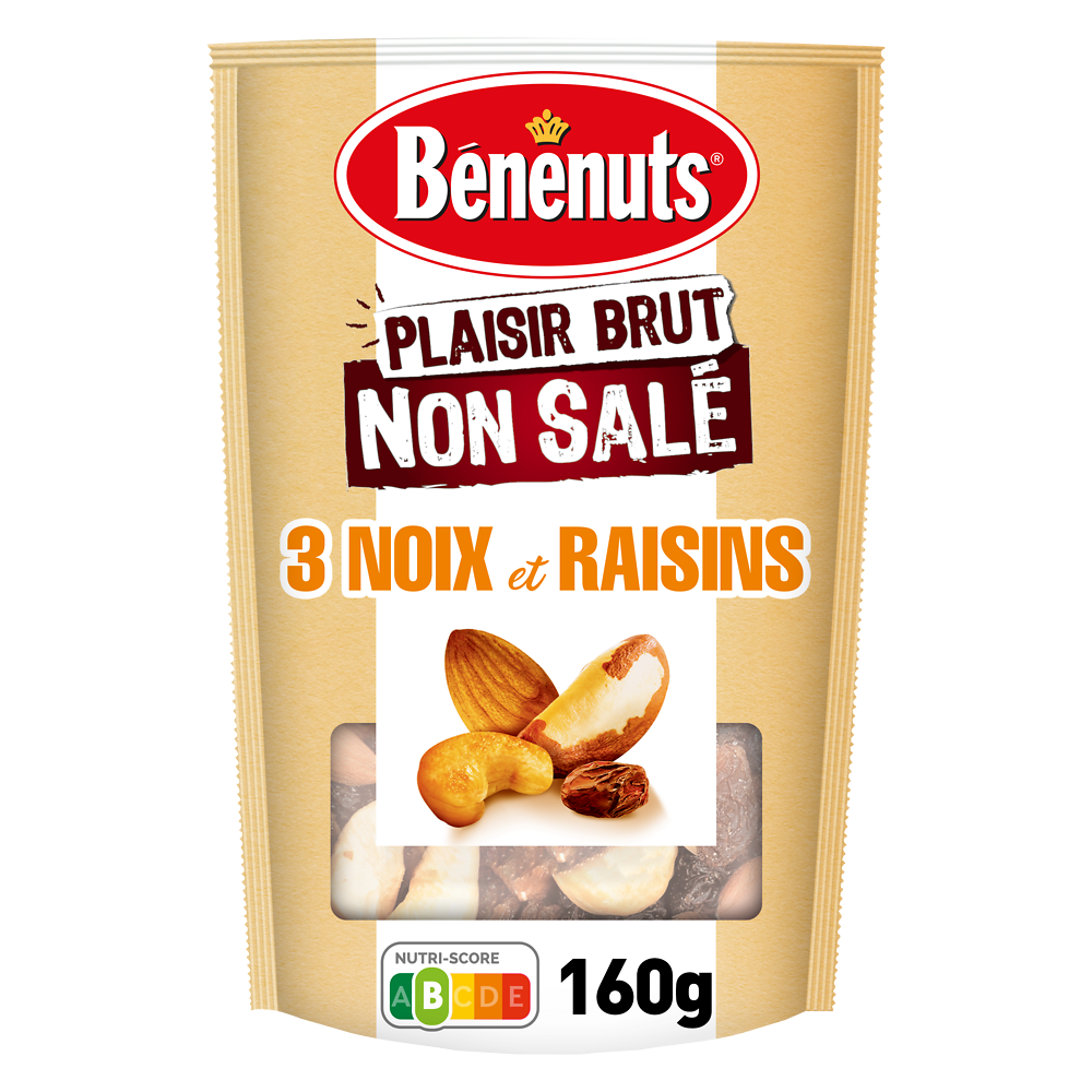 Mélange  non salé noix, amandes, cajous, raisins BENENUTS Plaisir brut- 160 g