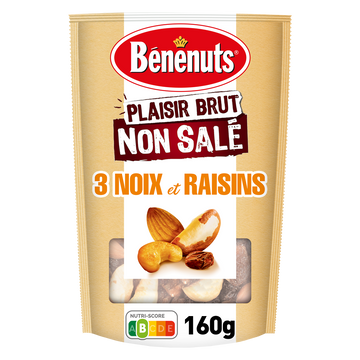 Mélange  non salé noix, amandes, cajous, raisins BENENUTS Plaisir brut- 160 g