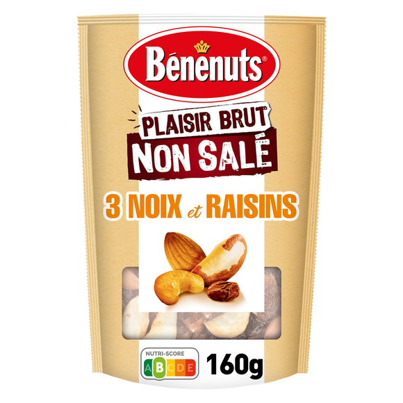 Mélange  non salé noix, amandes, cajous, raisins BENENUTS Plaisir brut- 160 g