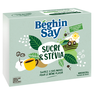 Sucre blanc en morceaux ligne extrait de plantes stévia BEGHIN SAY, 250g