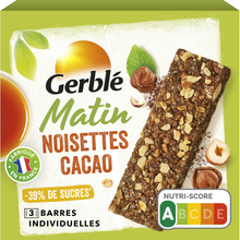 Barres matin noisettes cacao GERBLE, paquet 120g