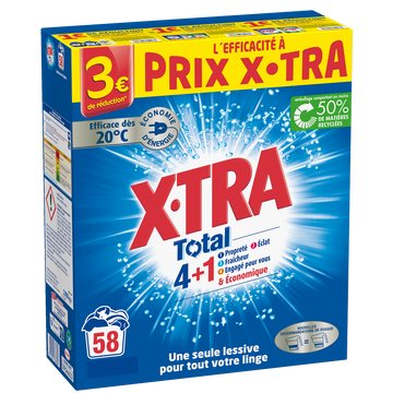 Lessive poudre total 4 plus 1 propreté éclat fraîcheur X-TRA - 58 lavages