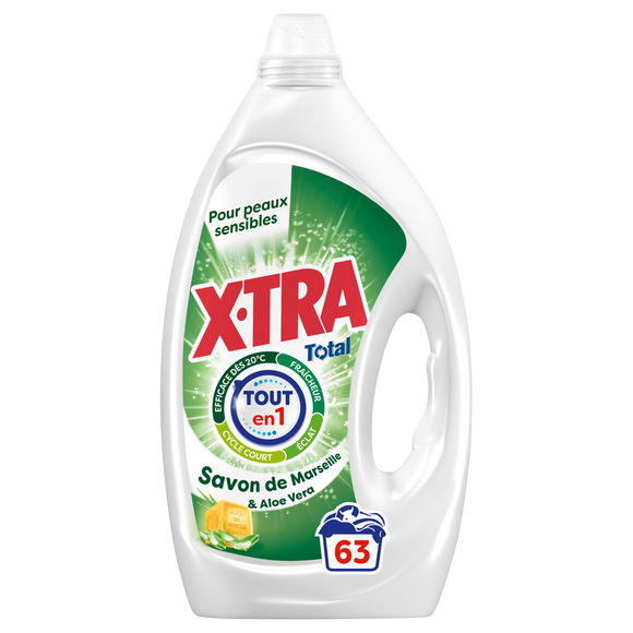 X-TRA - Lessive liquide - Hypoallergénique - 4+1 - Savon de Marseille& Aloe Vera - 63 lavages - 2.835 l