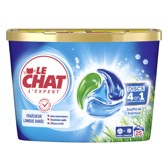 LE CHAT - Lessive en doses - 4 en 1 - Souffle de Fraîcheur - 25 lavages - 412 g