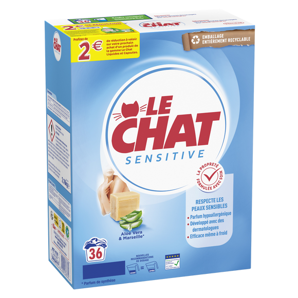LE CHAT - Lessive en poudre - Hypoallergénique - 36 lavages - 1 kg