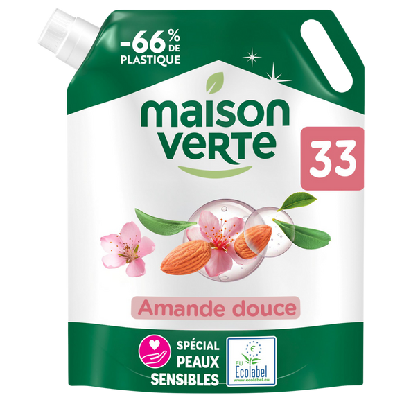 MAISON VERTE - Lessive liquide - Pour bébé,Hypoallergénique - Amande douce - 33 lavages - 1.485 l