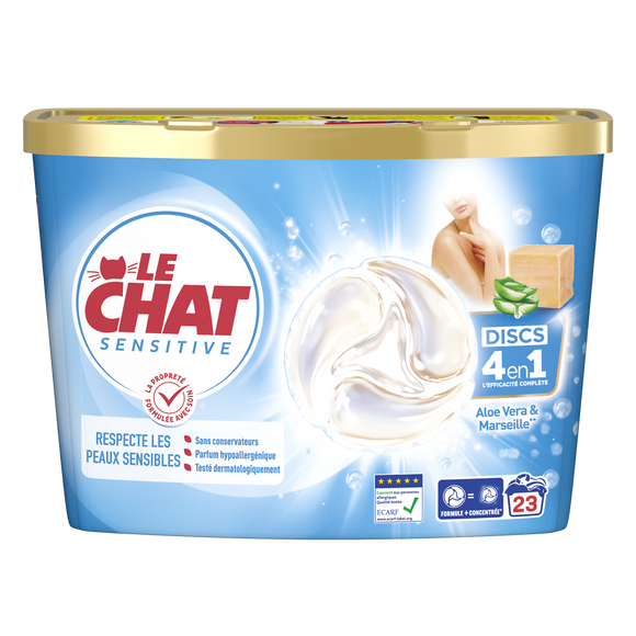 LE CHAT - Lessive en doses - Hypoallergénique - 4 en 1 - Aloe Vera &Marseille - 23 lavages - 380 g