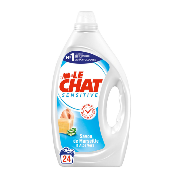 Lessive LE CHAT Sensitive Savon de Marseille et Aloe Vera 24 lavages
