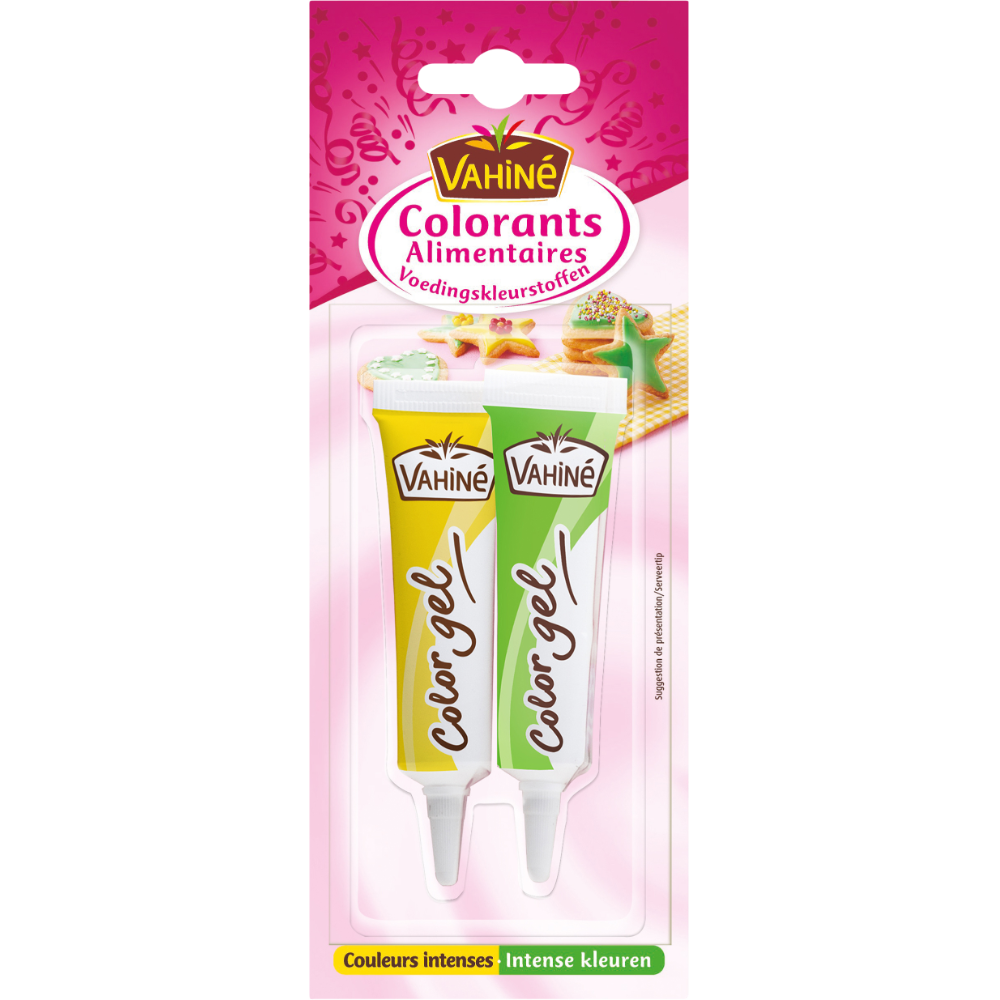 Préparations gélifiées de colorants alimentaires rose violet jaune etvert VAHINE, 20g