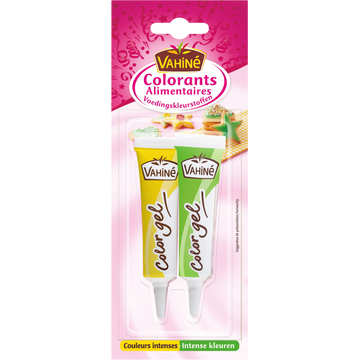 Préparations gélifiées de colorants alimentaires rose violet jaune etvert VAHINE, 20g
