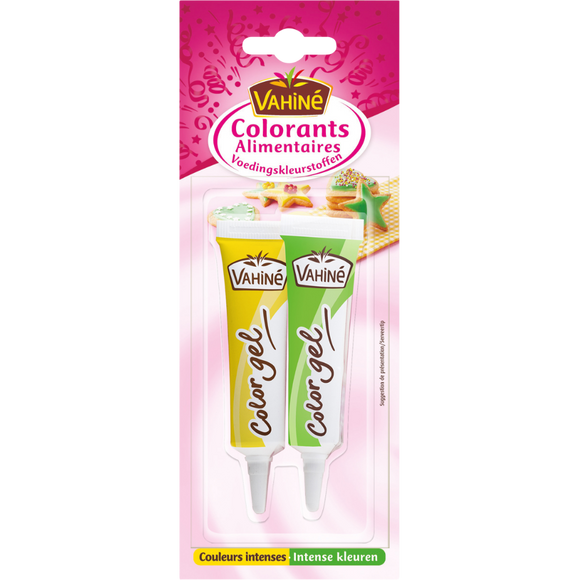 Préparations gélifiées de colorants alimentaires rose violet jaune etvert VAHINE, 20g
