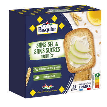 Biscottes sans sel & sans sucre ajoutés PASQUIER, 36 tranches, 300g