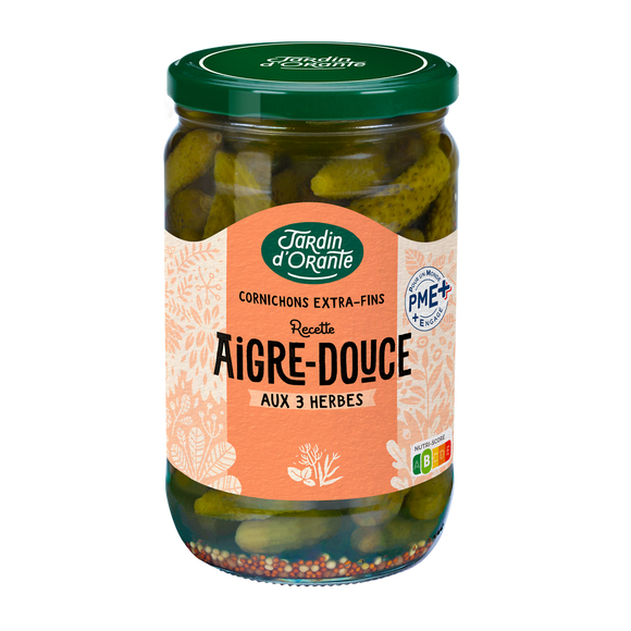Cornichons doux aux 3 herbes LE JARDIN D'ORANTE, bocal de 72cl