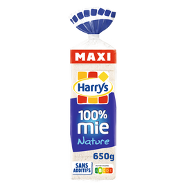 Pain de mie 100% Mie Nature sans croûte Maxi sans additifs HARRYS - 650g