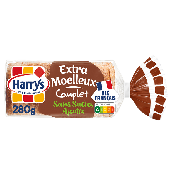 Pain de mie extra moelleux Complet sans sucres ajoutés HARRYS - 280g