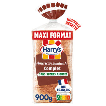 Pain de mie American Sandwich complet sans sucres ajoutés HARRYS 900g