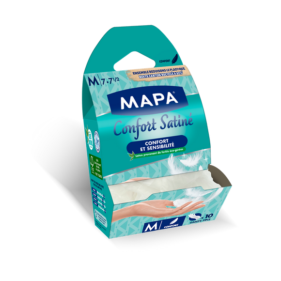 Gants fins en latex douceur satinée MAPA, taille M, boîte de 10