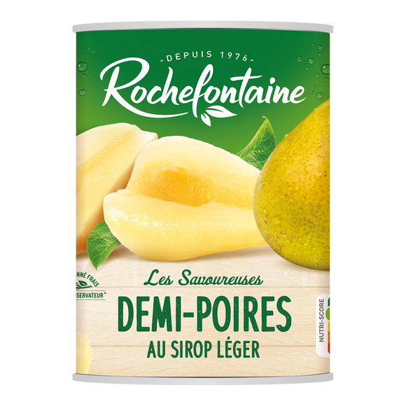 Demi poires au sirop léger ROCHEFONTAINE, boîte 4/4, 480g
