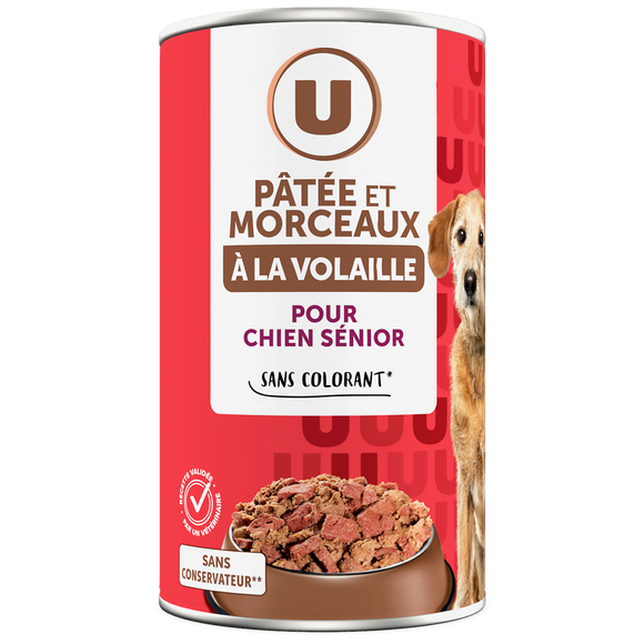 U Aliment pour chien senior Patée et morceaux à la volaille boite 3/21,25kg