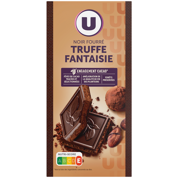 U Chocolat noir fourré à la truffe fantaisie, éclats de fèves de cacao caramélisés Tablette de 150g