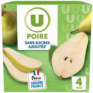 U Dessert fruitier coupelle Poire sans sucres ajoutés, 4x100g
