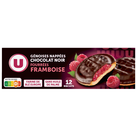 U Biscuits fourrés à la framboise nappés de chocolat  paquet de 150g