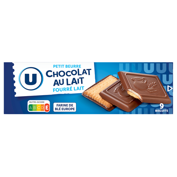U Biscuits petit beurre fourrés au lait nappés chocolat au lait - Paquetde 150g