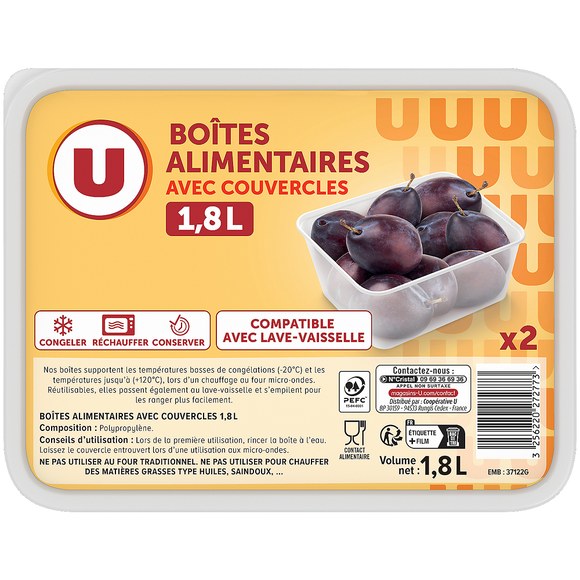 U Boîtes plastiques micro-ondes, 2x1,8 litres