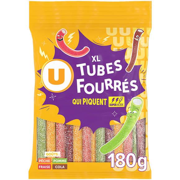 U Bonbons Tubes fourrés qui piquent XL, 180g