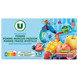 U Dessert fruitier sans sucres ajoutés purée pomme nature, pomme-mangue-passion, pomme-fraise-myrtille U, 12x90g