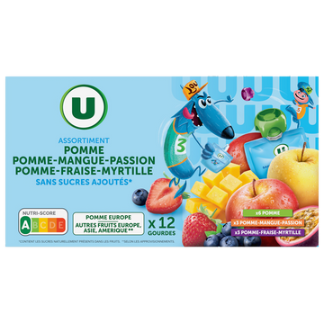 U Dessert fruitier sans sucres ajoutés purée pomme nature, pomme-mangue-passion, pomme-fraise-myrtille U, 12x90g
